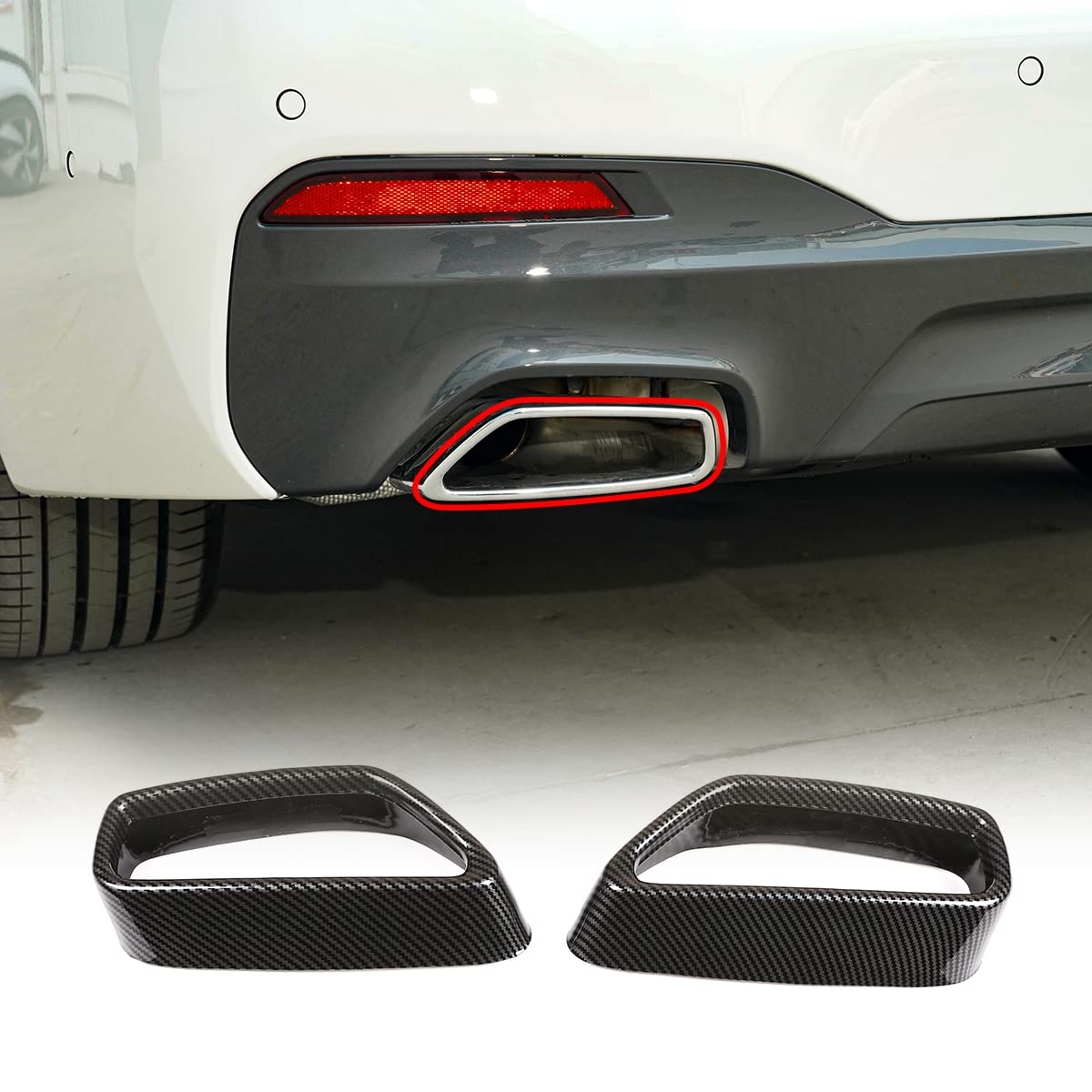 Photo 1 of YIWANG Black Stainless Steel Pipe Throat Exhaust Outputs Tail Frame Trim Cover 2Pcs For BMW 5 Series G30 G38 2018-2021 Car Accessories (Carbon Fiber)