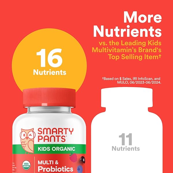 SMARTYPANTS ORGANIC KIDS MULTIVITAMIN GUMMIES: PROBIOTICS, OMEGA 3 (ALA), VITAMIN D3, C, VITAMIN B12, B6, A, K & ZINC FOR IMMUNE SUPPORT, BIOTIN, THREE FRUIT FLAVORS, 120 COUNT (30 DAY SUPPLY)
