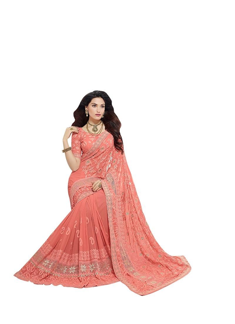 craftsvilla chiffon saree with blouse piece (fkms207-9004 peach_peach_free size)