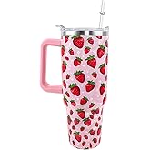 WENININOK Strawberry Cup 40 OZ Tumbler with Handle and Straw Lid Leak Proof - Strawberry Travel Coffee Mug with Handle Insulated for Hot Cold Ice - Birthday Gifts for Women Stainless Steel Cup