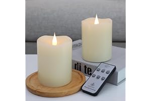 TECHLONG Flameless Candles Battery Operated with Remote Timer, 3D Moving Flame Flickering, Last 600+ Hours Battery Candles, 3" x 4" Ivory Real Wax Electric LED Candle for Wedding Party, Set of 2