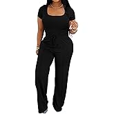 PINSV Women's 2 Piece Outfits Lounge Short Sleeve Tops High Waisted Wide Leg Pants Tracksuit Sets