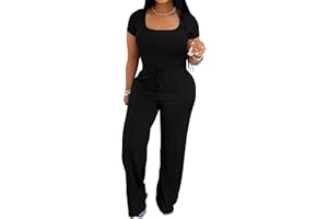 PINSV Women's 2 Piece Outfits Lounge Short Sleeve Tops High Waisted Wide Leg Pants Tracksuit Sets