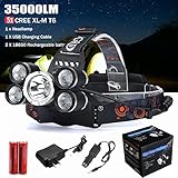 Waterproof LED Headlamp Rechargeable ZIYUO 35000LM 4 modes Super Bright LED headlight,5 CREE XM-L T6 LED,with 18650 Batteries,Car Charger and USB Charging Cable