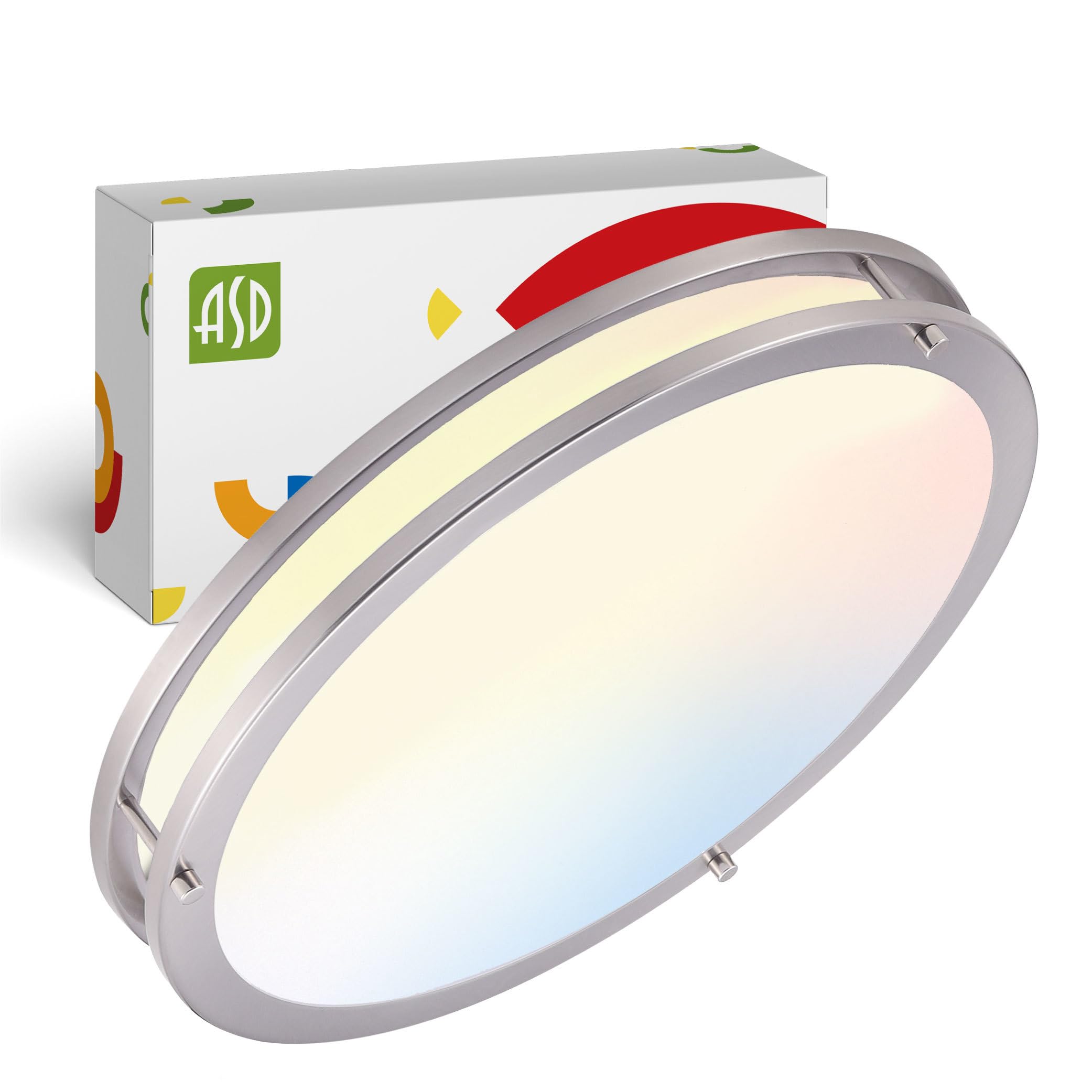 ASD LED 18" Round Flush Mount Lighting, Close to Ceiling Light Fixture | 3CCT, Dimmable, Energy Star, ETL Listed | 28W 2750LM 3000-5000K 100-277V | Low Profile Double Ring Lamp | Nickel Image