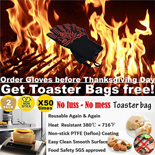 Highcamp Heat Resistant Grill BBQ Gloves Oven Mitts - Hot Grilling Cooking Baking Frying Smoking Gloves with Toaster Bags - Perfect As Kitchen Household Camping Long Cuff/Blue