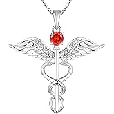 YL Caduceus Necklace Sterling Silver Doctor Nurse Themed Pendant Birthstone Angel Wings Snake Jewelry for Women