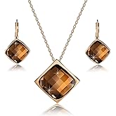 EVEVIC Square Austrian Crystal Necklace Earrings for Women Fashion 18K Gold Plated Hypoallergenic Jewelry Set