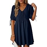 Dokotoo Summer Dresses for Women 2026 Casual V Neck Bow Tie Short Sleeve Empire Waist A-Line Mini Dress