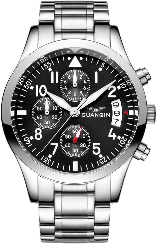 Mens Sport Quartz Watch Chronograph Calendar Business Stainless Steel Wristwatch GUANQIN Pilot
