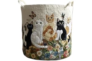 Cat Quilted Laundry Basket with Handles – Soft Fabric Hamper for Clothes, Towels & Home Storage (E,Small (14" x 18"))