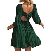 Phortric Womens Summer Tie Back Dress Square Neck Lantern Sleeve Off Shoulder Casual Mini Dresses