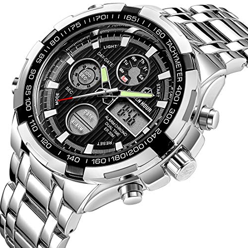 Affute Outdoor Sport Mens Led Digital Analog Quartz Watches Waterproof Stainless Steel Band (Silver Black)