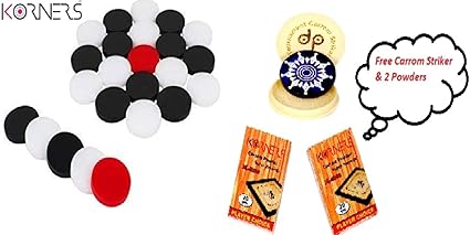 KORNERS 6MM Acrylic Carrom Coins Combo (24 Coins + 1 Striker + 2 Carrom Powder)