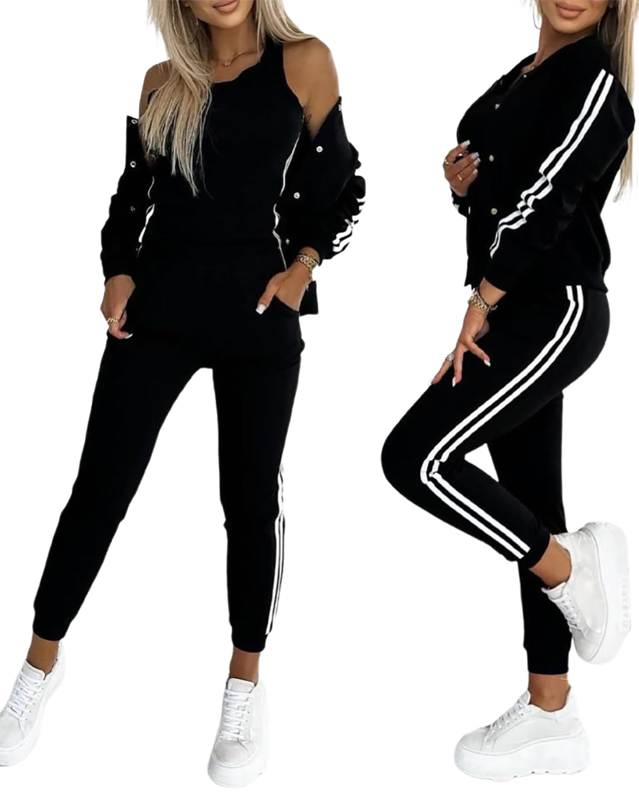 Photo 1 of CHICME Women's Three Piece Outfits Striped Tape Patch Tank Tops Bomber Jacket with Sporty Pants Tracksuit Lounge Sets-bk-M