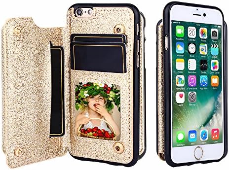 CSTOP ZOOM Series, iPhone 7 Wallet Case, 3 ID Credit Card Slot, Cash Slot, Button Snap, Flip-Out Back Leather Drop Protection Case For iPhone 7 (4.7 Inch) - Glitter Gold