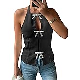 Tankaneo Womens Cute Bow Halter Tank Tops Sexy Keyhole Backless Slim Fit Crop Tops Y2k Summer Sleeveless Cami Shirts