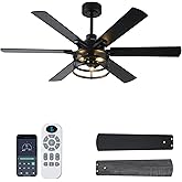 NKPU 52 Inch Farmhouse Ceiling Fan with Light and Remote, Black Industrial Caged Rustic Ceiling Fan with 6 Speed Reversible M