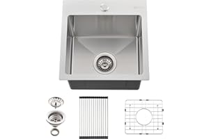 EcoChannels Drop In Kitchen Sink, 15 x 15 x 10 Inch 16 Gauge Single Bowl Topmount Wet Bar Sink T-304 Stainless Steel RV Kitchen Sinks
