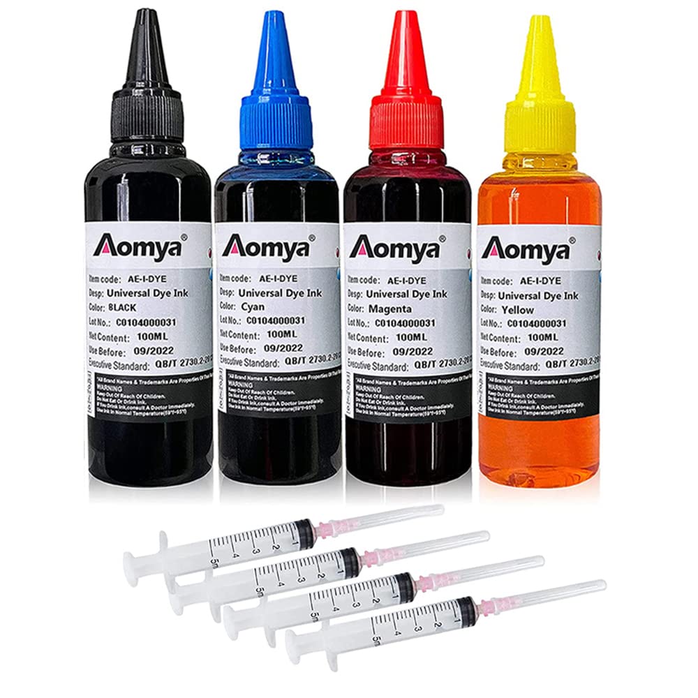 Aomya Universal Dye Ink Refill Kit for HP Canon Epsn Brother Lexmark Printers Compatible Cartridges Refillable Cartridge CISS CIS System 400ml 4 Color Set with 4 Free Syringes (BK, C, M, Y)