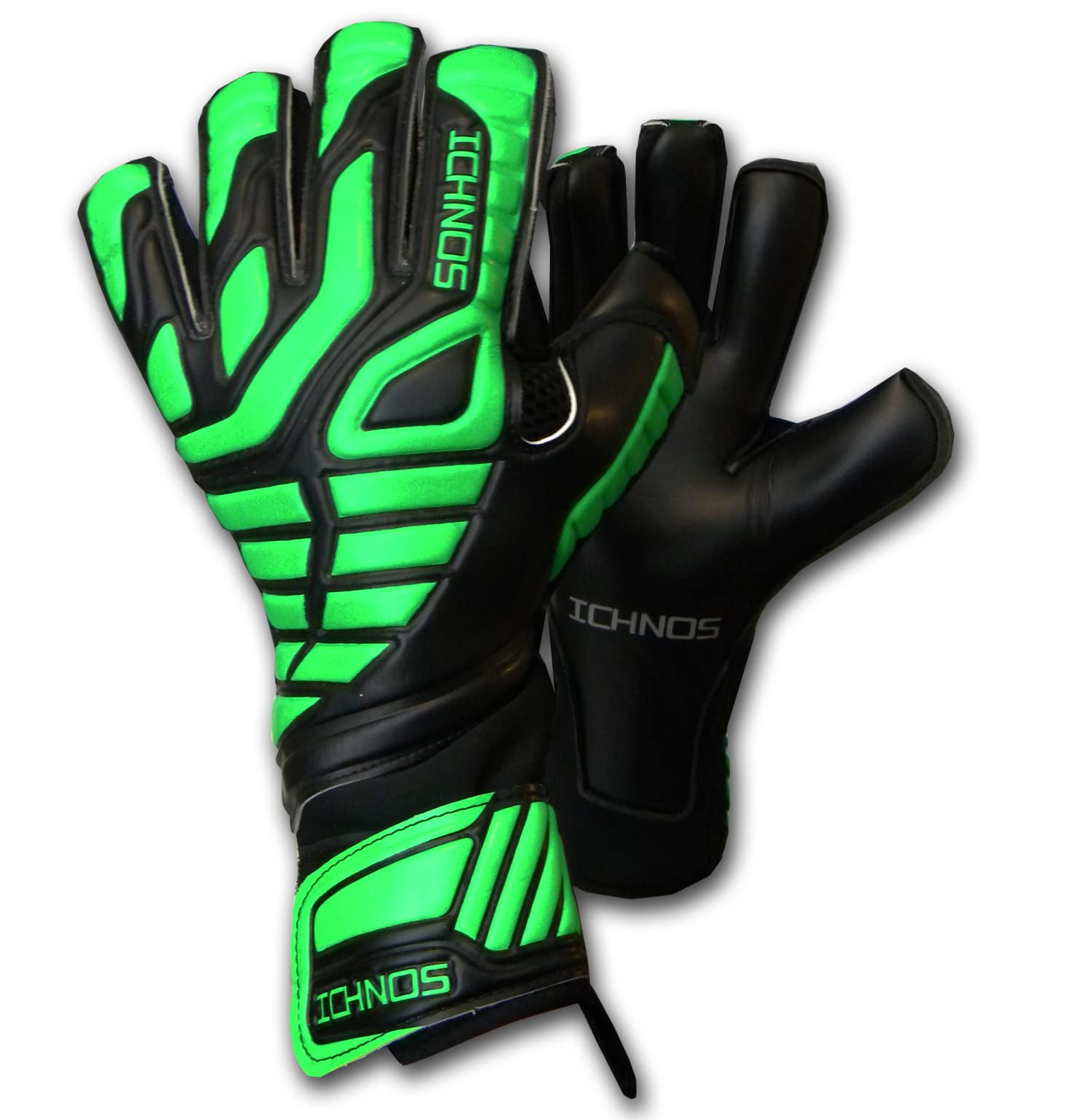 ICHNOS Junior Kids size extended palm finger saver football goalkeeper gloves Black Green (6)