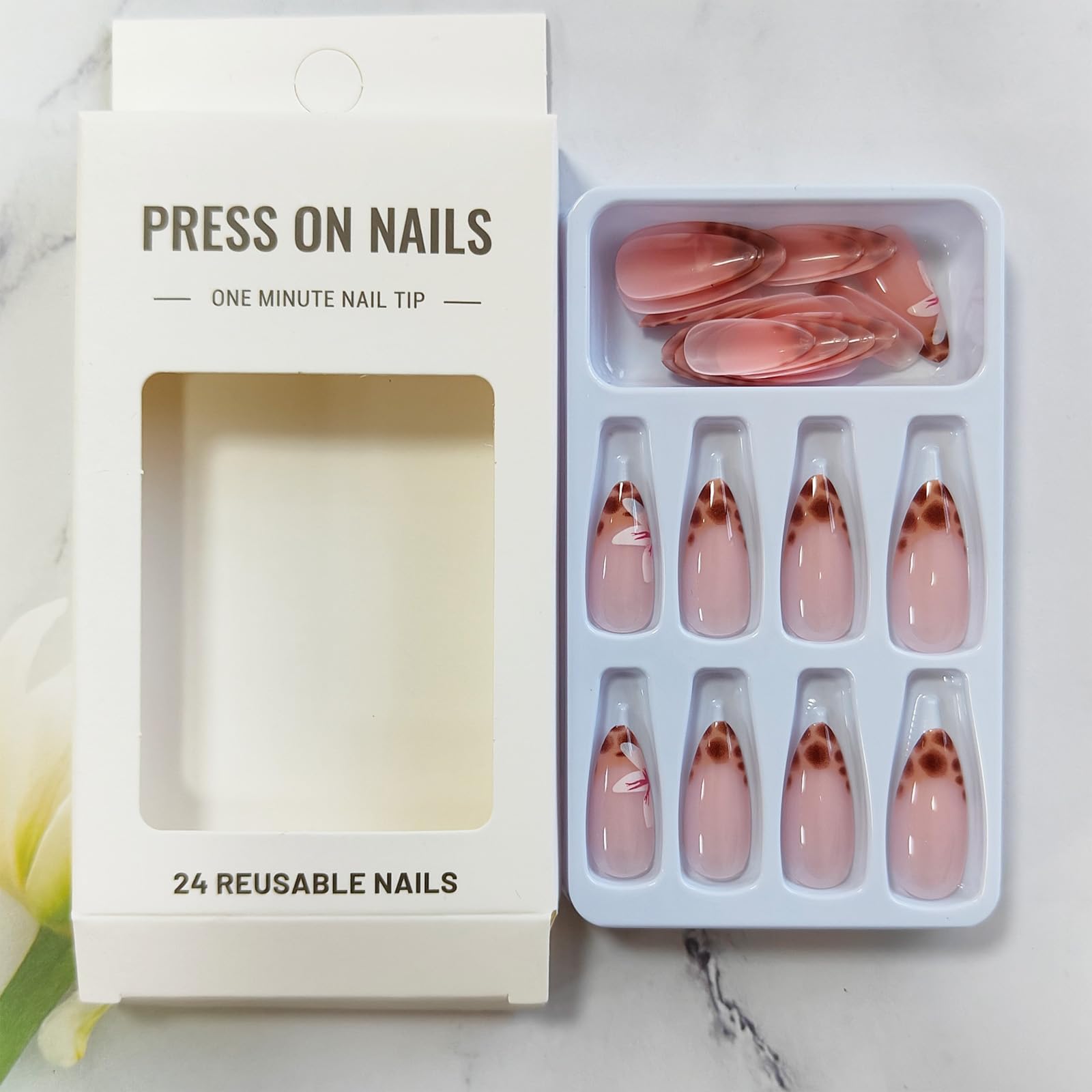 24Pcs French Tip Press on Nails Almond Fake Nails Leopard French Flower False Nails Medium Glue on Nails Glossy Acrylic Nails Reusable Stick on Nails Full Cover Nail Tips for Women Girls - Image 4