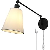 PERMO Retro Swing Arm Wall Sconce Plug in Wall Lamp Black Single Sconce with White Fabric Shade Wall Light Fixture for Bedroo