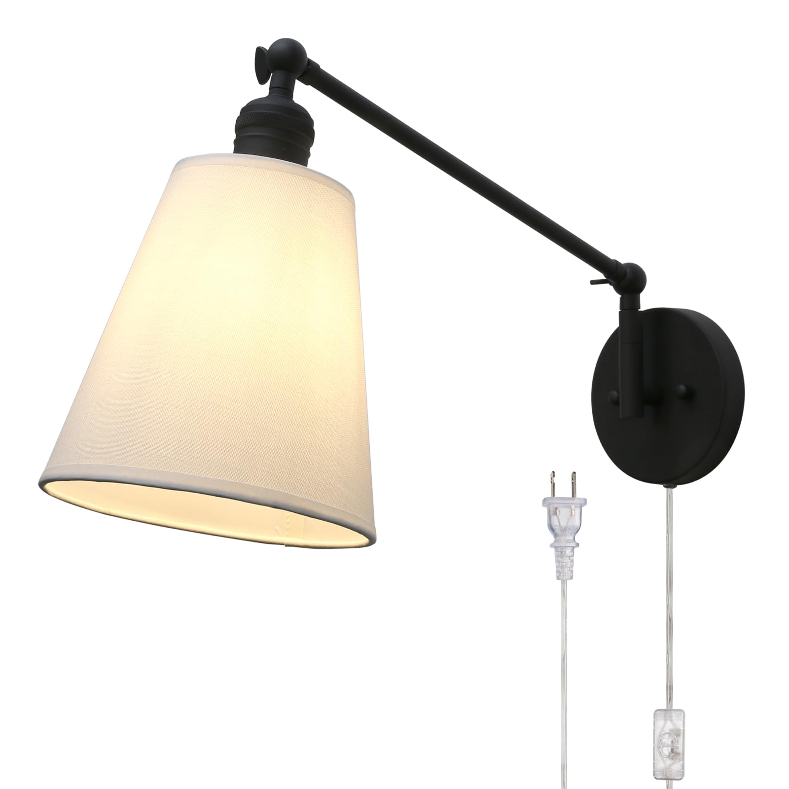 Photo 1 of PERMO Retro Swing Arm Wall Sconce Plug in Wall Lamp Black Single Sconce with White Fabric Shade Wall Light Fixture for Bedroom Living Room Office