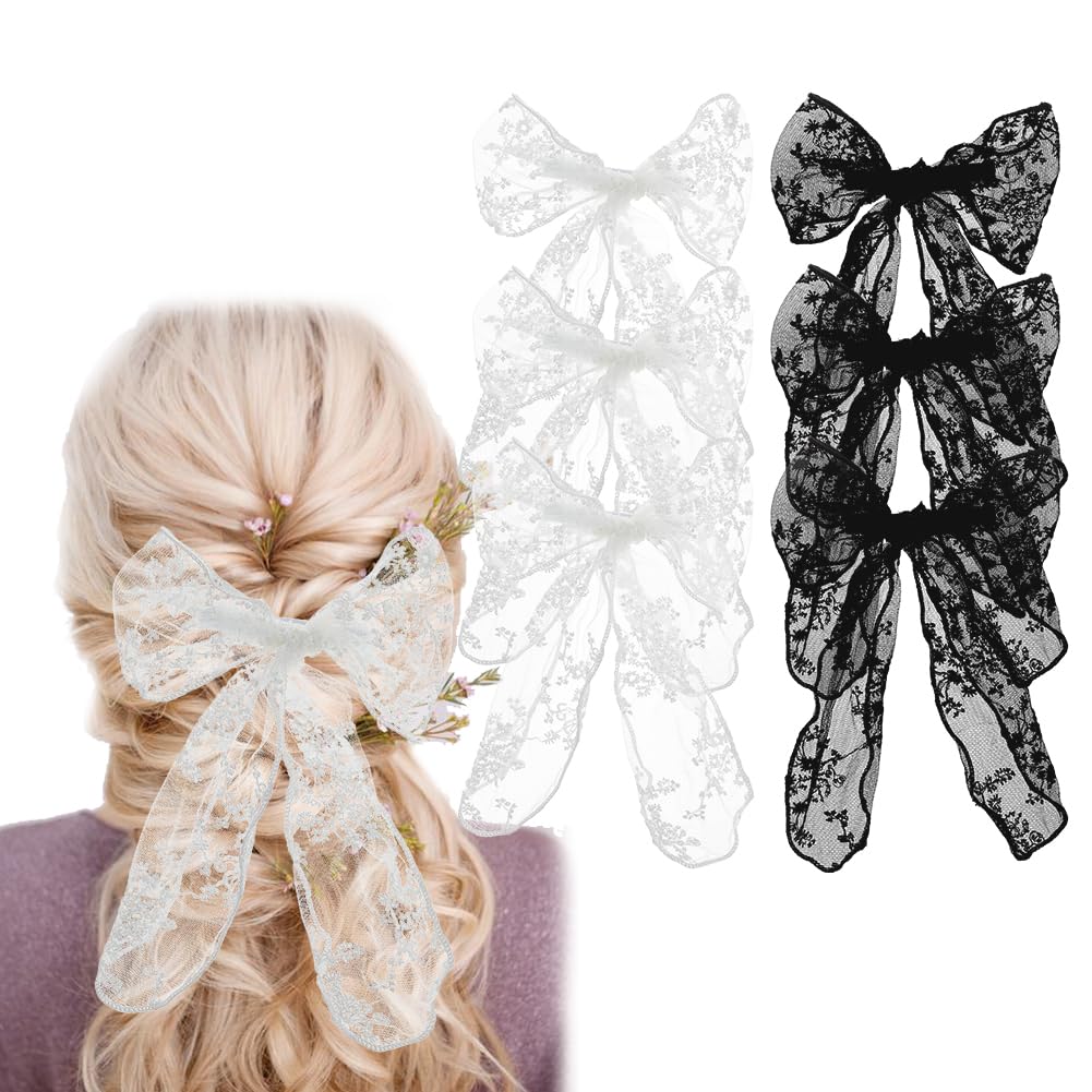 SUPERFINDINGS 6Pcs 2Colors Bow Hair Clips Large Lace Hair Clips Tulle Bow Barrettes Black and White Classy Hair Styling Accessories for Wedding Bridal
