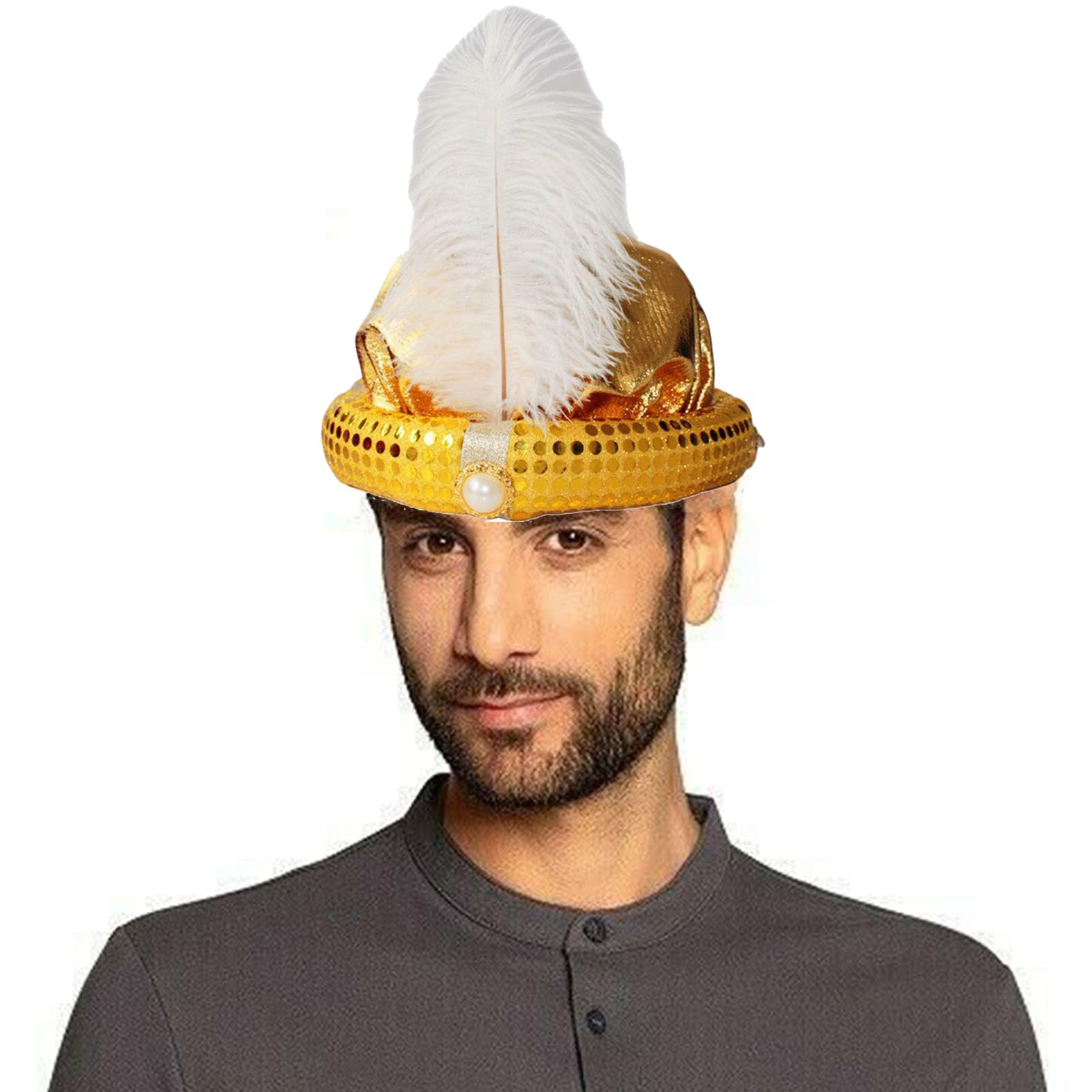Aladdin Hat Shining Sequin Arabian Prince Hat Indian Sultan King Hat Cap with Feather and Pearl Aladdin Theme Party Fancy Dress Headwear Aladdin Head Wrap Turban for Halloween Cosplay Carnival Party
