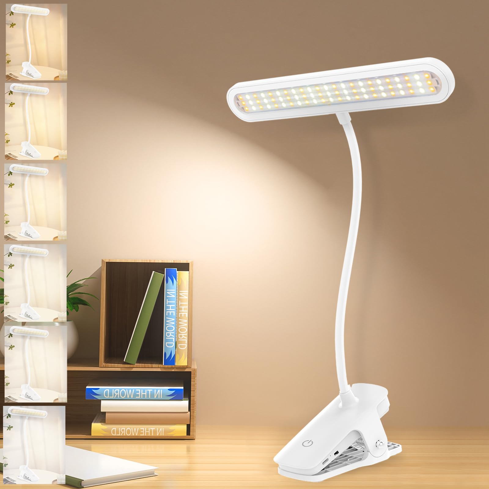 Photo 1 of deaunbr Clip on Light, Reading Lights for Books in Bed, Eye Caring 66 LEDs Book Lights, 4 Brightness & Multiple Color Temperatures LED Desk Lamp Rechargeable Night Lamps for Home, Office and Dorm