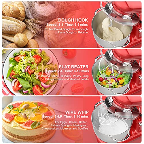 PHISINIC Stand Mixer, 5.8-QT 660W Electric Kitchen Mixer, 6-Speed Tilt-Head Household Stand Mixer, Kitchen Food Mixer with Dough Hook, Wire Whip and Beater, for Baking, Cake, Cookie, Kneading (Red)