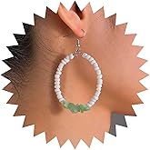 Iaceble Vintage Bead Circle Dangle Earrings White Bead Circle Earrings Seed Bead Hoop Drop Earrings Green Crystal Chip Earrings Hollow Circle Earrings Jewelry for Women