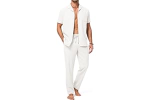 JMIERR Men 2 Piece Outfit Short Sleeve Beach Button Down Shirt Casual Loose Pant Sets with Pocket