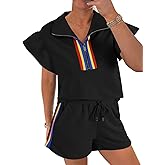 Cicy Bell Womens 2 Piece Outfits Summer Color Block Tracksuits Quarter Zip Cap Sleeve Tops Elastic Waist Shorts Lounge Sets