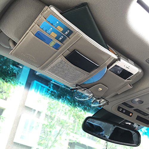 Vankcp Car Sun Visor Organizer, Auto Interior Accessories Sunglass Pen CD Card Small Document Storage Pouch Holder, PU Leather, Multi-Pocket with Zipper Net (Black)