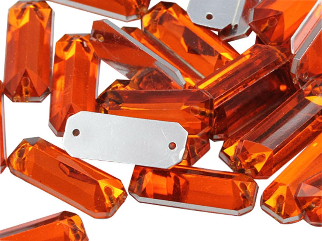 Allstarco 19x7mm Orange Hyacinth CH08 Flat Back Sew On Rectangle Baguette Beads Acrylic Rhinestones Sewing Plastic Gems with Holes for Jewelry, Clothes Embelishments, Shoes, Cosplay Crafts 50 Pcs