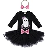 Baby Girls 1st Halloween Pumpkin Ghost Costume Long Sleeve Romper & Tutu Skrit & Headband Outfit Photo Shoot Set