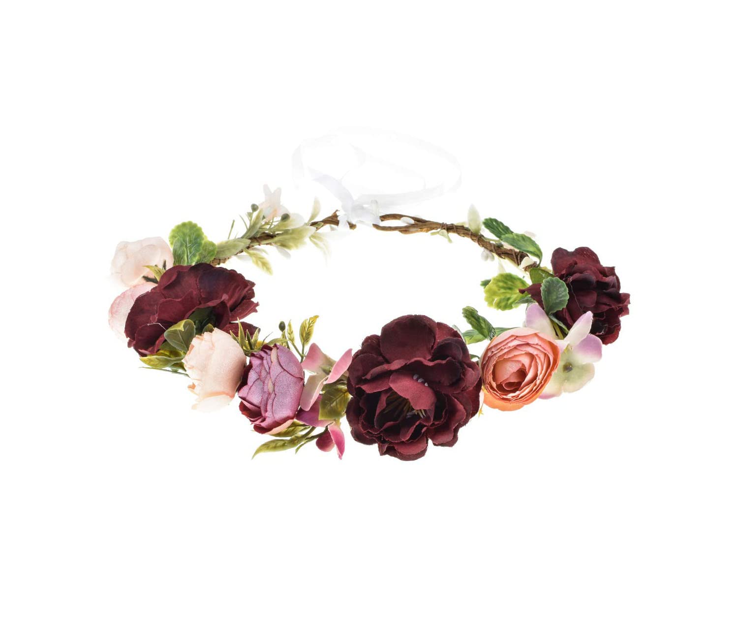 Merroyal Green Flower Crown Eucalyptus Crown Leaf Floral Crown Boho Wedding (Burgundy camellia Pink) — image 1