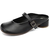UBFEN Womens Mary Jane Mules Slip On Dressy Slides Chunky Low Heel Comfortable Round Toe Shoes