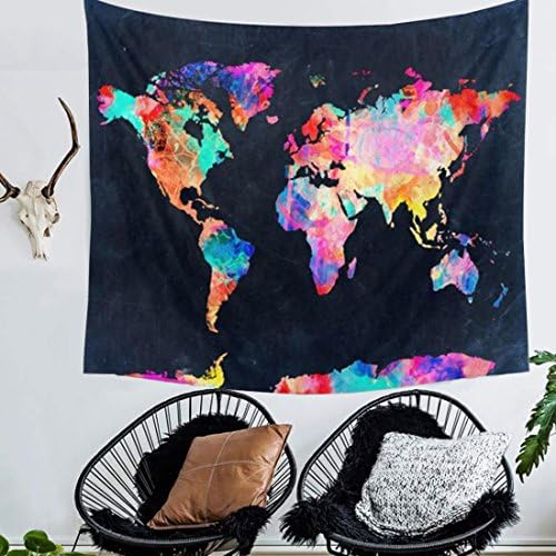 Tapestry Wall Hanging World Map Wall Tapestry Black &amp; Watercolor Abstract Painting Mandala Bohemian Tapestry Indian Wall Decor Curtains Tablecloths Beach Towels Home Room Headboard Decor Queen Size