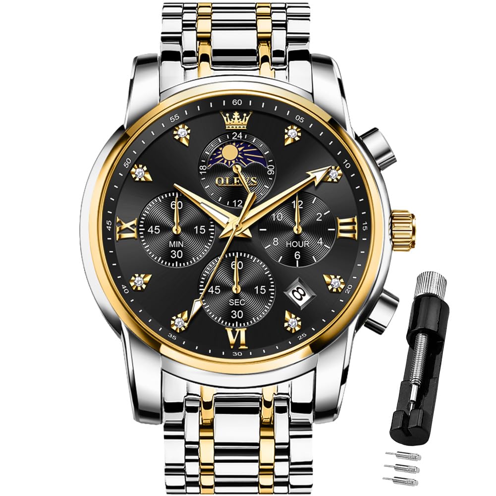 View 1 of ****SEALED**** OLEVS Watches for Men Luxury Dress Moon Phase Analog Casual Watch Male Classic Business Stainsteel Steel Waterproof Luminous Calendar Wrist Watch Black