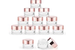 COSITINA 12 Pcs 5g Glass Cosmetic Jars Refillable Clear Cream Bottle Containers Empty Sample Vials Jar with Rose Gold Lid for Eye Cream Lotion Ointments Lip Balm Scrub