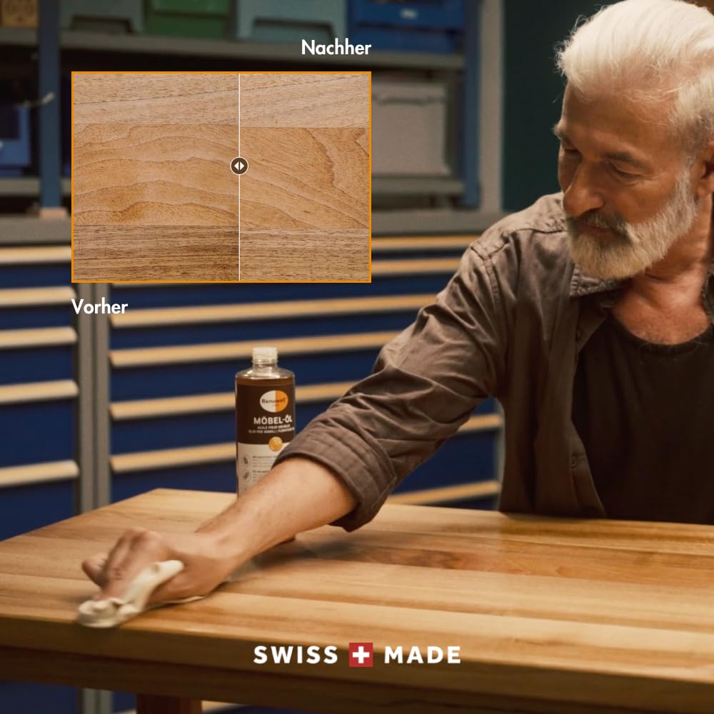 Renuwell Möbel-Öl Leinöl-Firnis, 270 ml – Natürliches Pflegeöl für Holz mit Leinöl und Teebaumöl, Schutz für geölte und unbehandelte Holzoberflächen in Schweizer Qualität 2