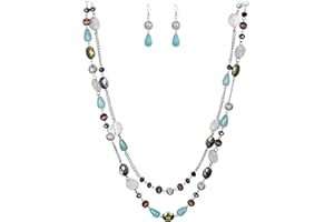 Flyonce 2 Layer Beaded Long Necklace for Women, Boho Strand Beads Statement Collar Necklaces Fashion Trendy Summer Dress Jewe