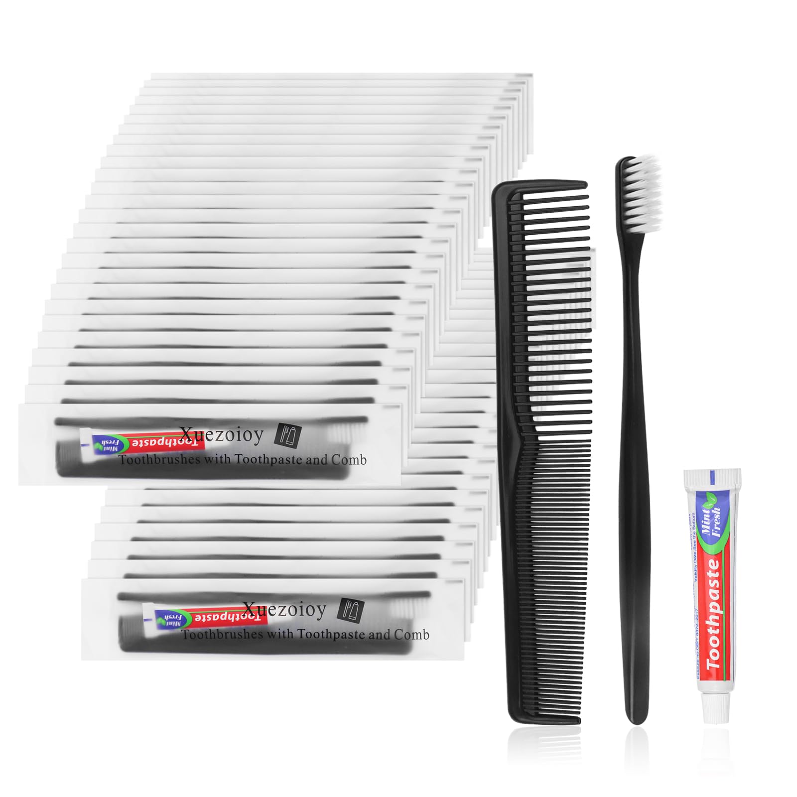50 Pack Black Disposable Toothbrushes with Toothpaste and Comb Set,10g Toothpaste,7inch Hair Comb,Individually Wrapped Disposable Travel Hotel Toothbrush Set for Homeless,Hotel,Charity