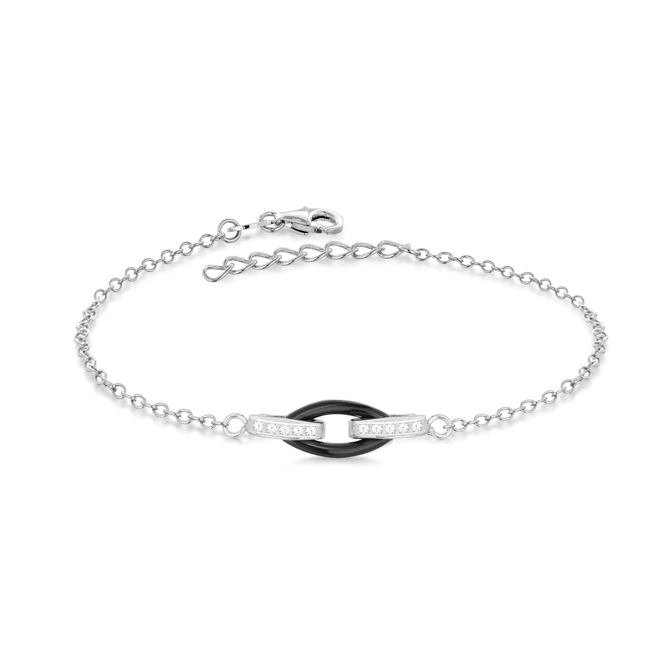 Tuscany Silver Women's Sterling Silver Rhodium Plated Oval Black Ceramic and Cubic Zirconia Link Adjustable Bracelet of 15.25 cm/6 Inch - 18 cm/7 Inch