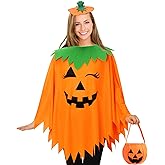Snwquik 3 PCS Pumpkin Costume for Women, Adults Halloween Costume for Women,Pumpkin Poncho with Headband&Bag