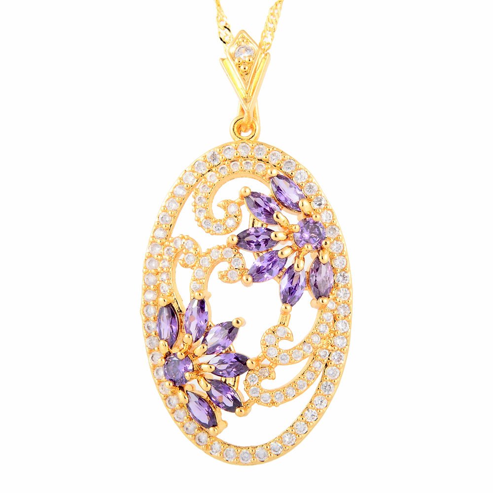 RIZILIA Blossom Pendant with 45cm(18") Chain & Marquise Cut Gemstones CZ [Purple Amethyst] in 18K Yellow Gold Plated, Simple Modern Elegance