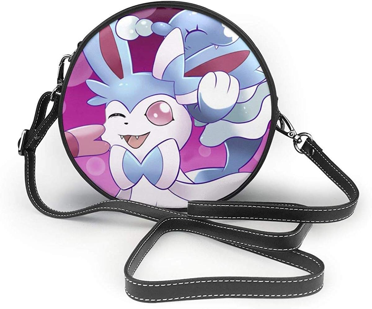 Round Crossbody Bag Cute Cartoon Sylveon Crossbody Purse PU Leather Zipper Shoulder Bag Sling Bag